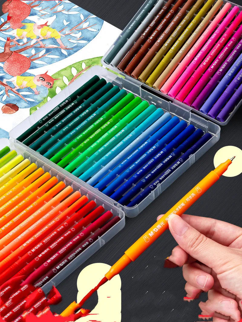 Double-ended watercolour pen set with soft brush head and fine point tip alongside drawing book
