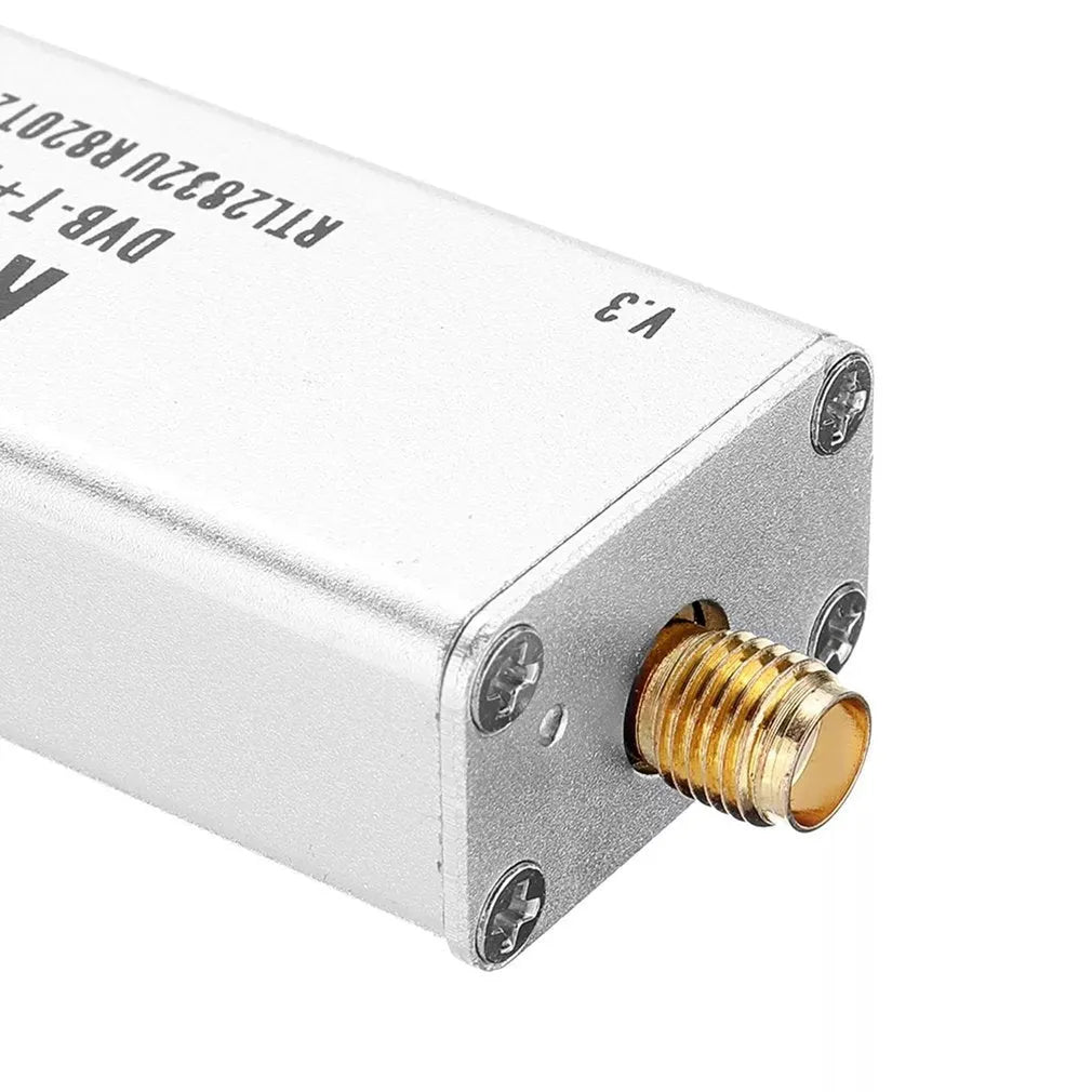 Black metal A300U all-band software receiver with golden SMA connector for antenna.