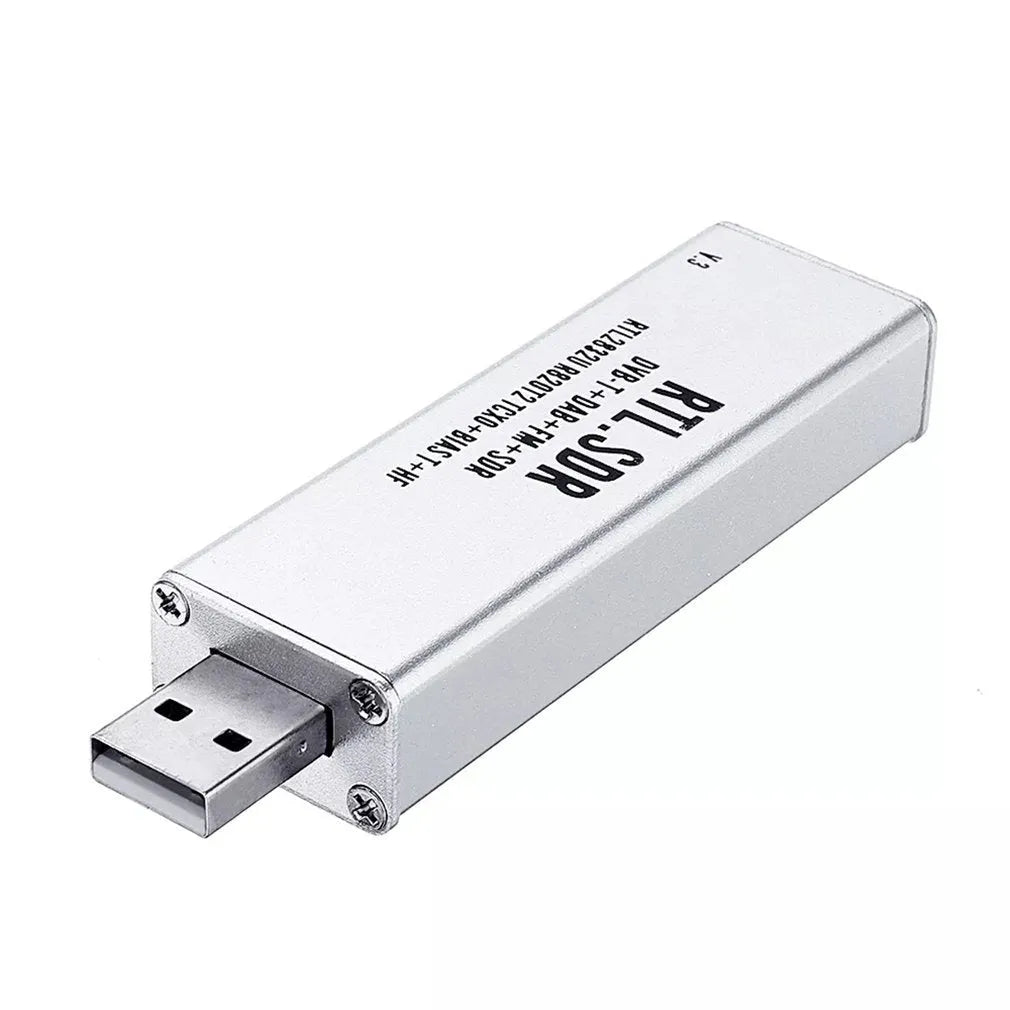 Black metal A300U all-band software receiver with golden SMA connector for antenna.