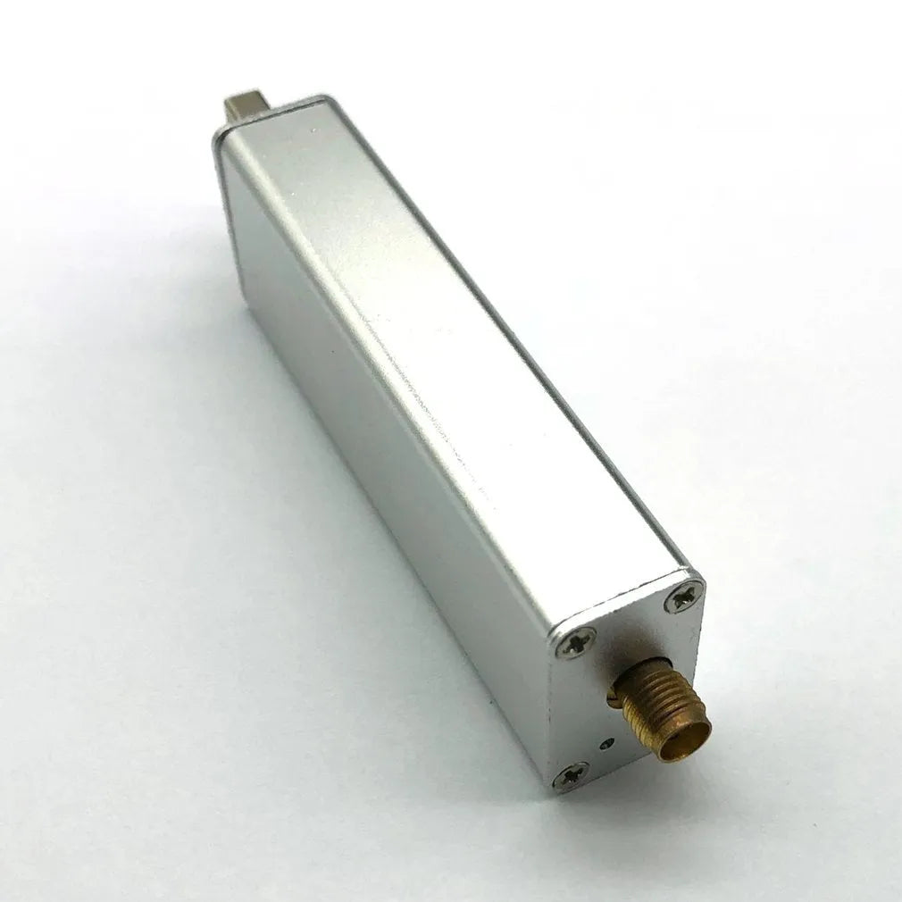 Black metal A300U all-band software receiver with golden SMA connector for antenna.