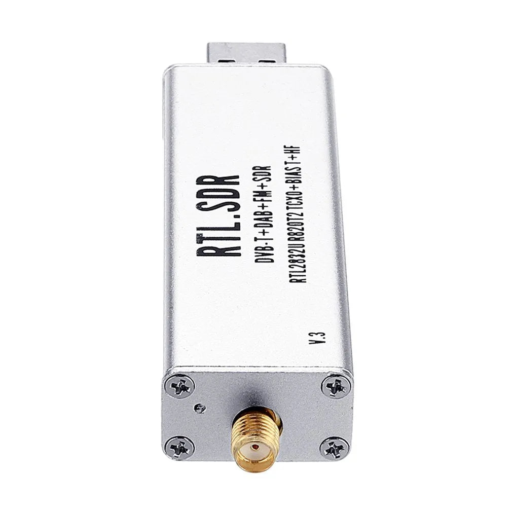 Black metal A300U all-band software receiver with golden SMA connector for antenna.