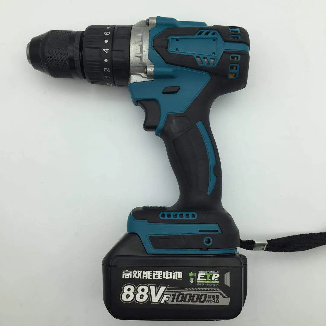 21V black and yellow cordless multifunction impact drill with a 13mm chuck on a workbench.