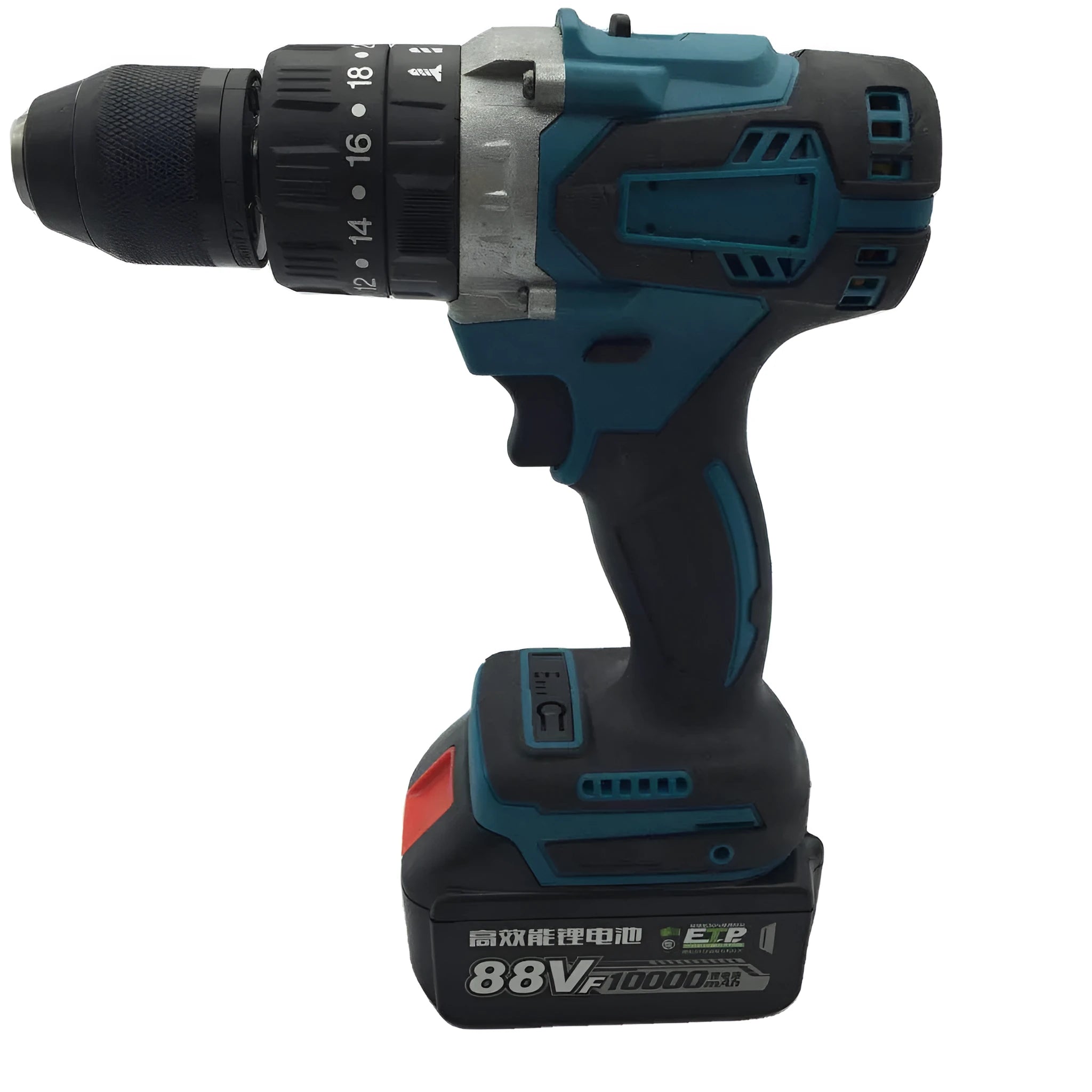 21V black and yellow cordless multifunction impact drill with a 13mm chuck on a workbench.