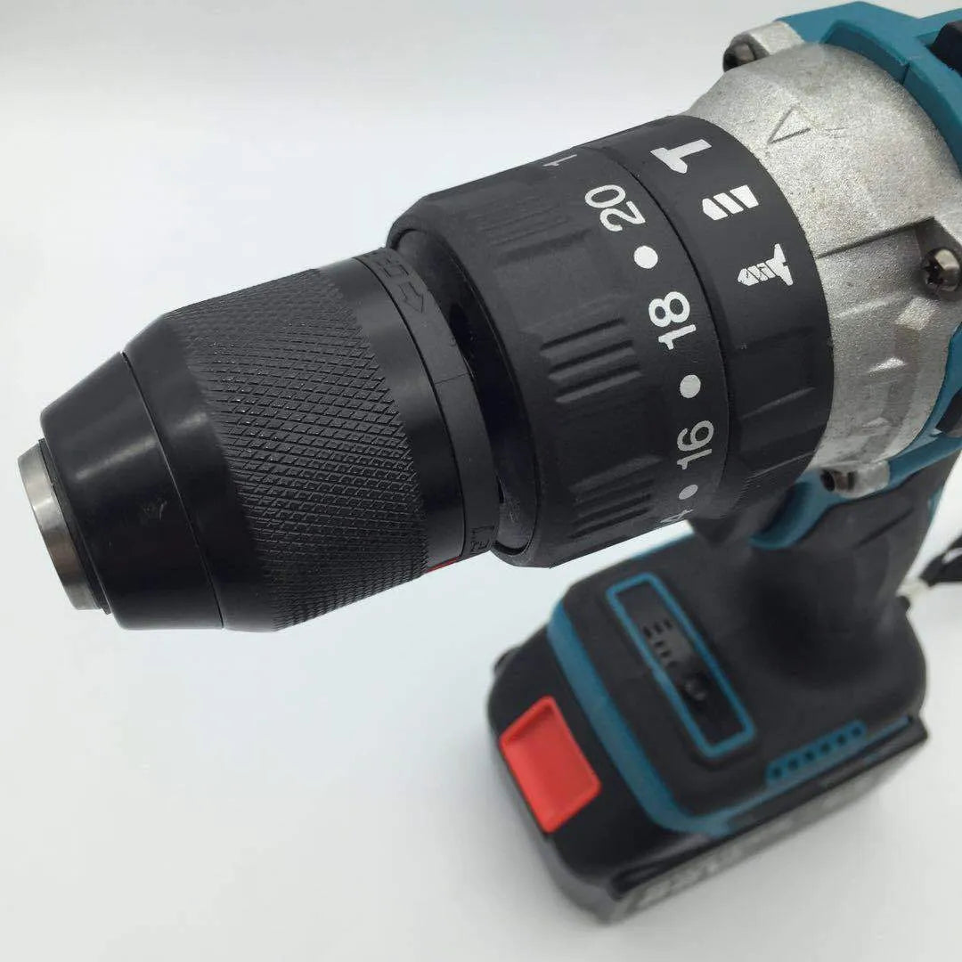 Black and yellow multi-function cordless impact drill and screwdriver with lithium battery.