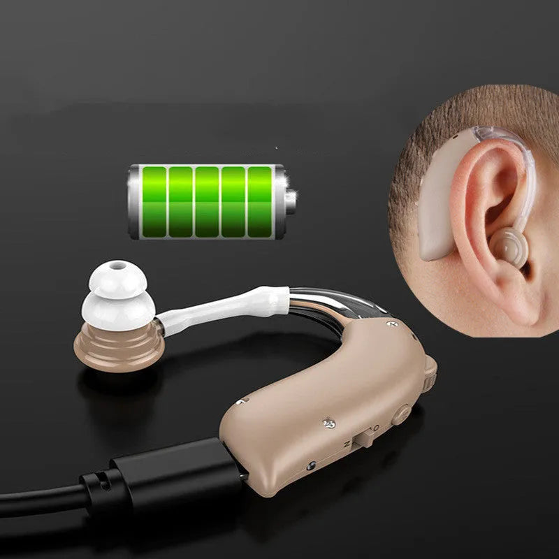 G25 hearing aid sound collector amplifier in blue skin-tone colour with charging port