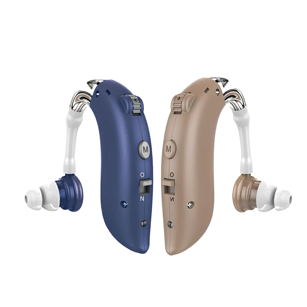 G25 hearing aid sound collector amplifier in blue skin-tone colour with charging port