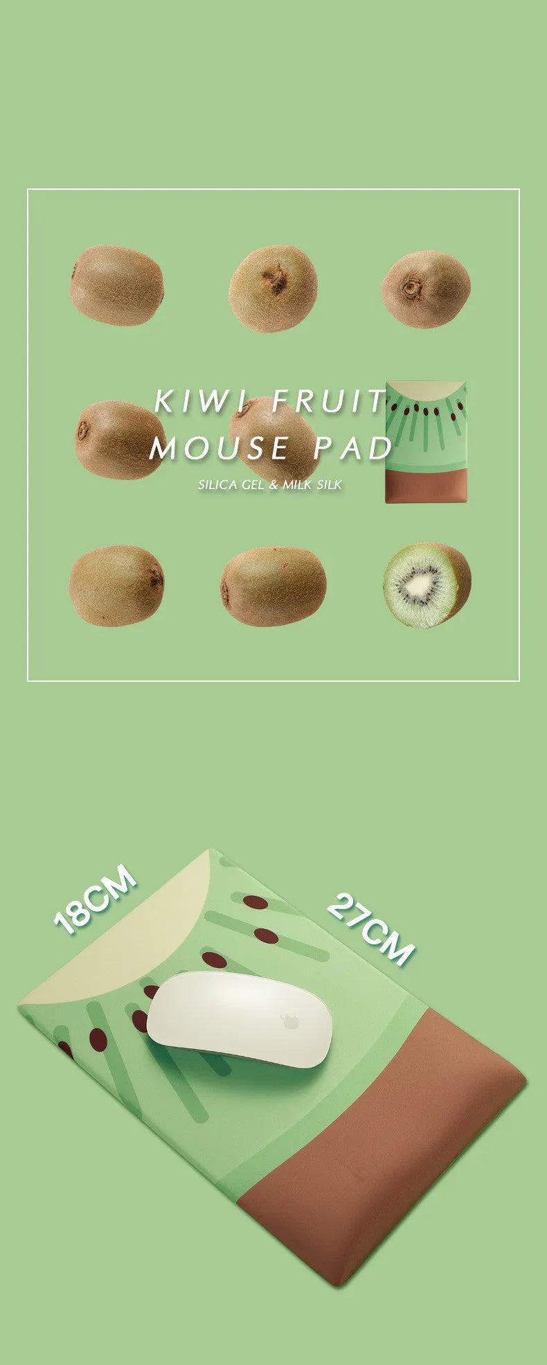 Green kiwi and calculator design on a thick, soft silicone wrist support mouse pad.