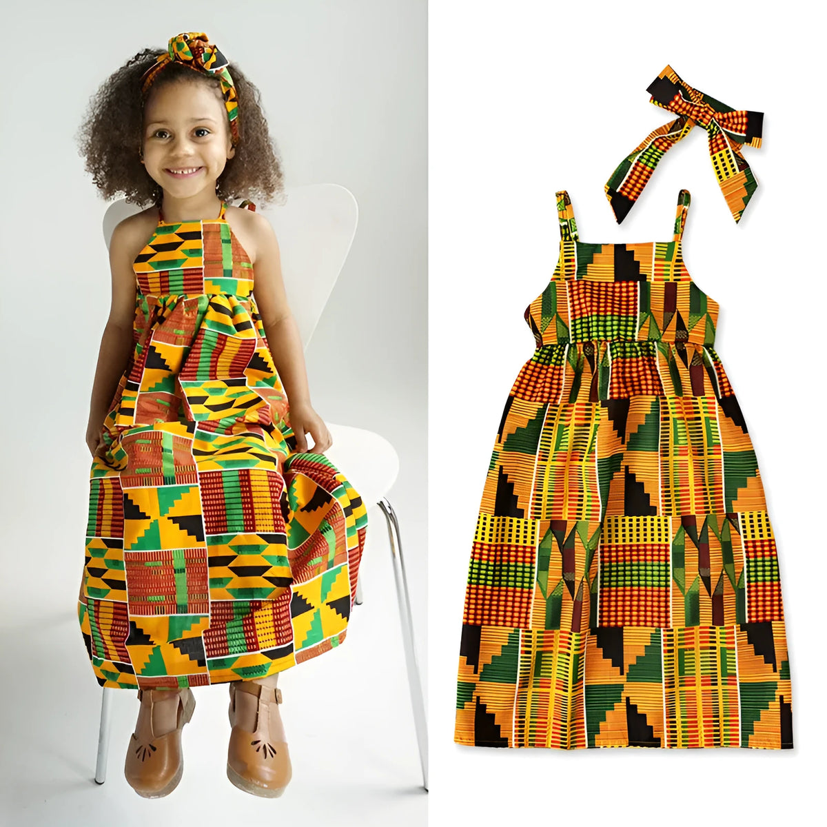 Girls' orange strapless strappy skirt dress in African bohemian style, sizes 90 to 130, cotton and polyester