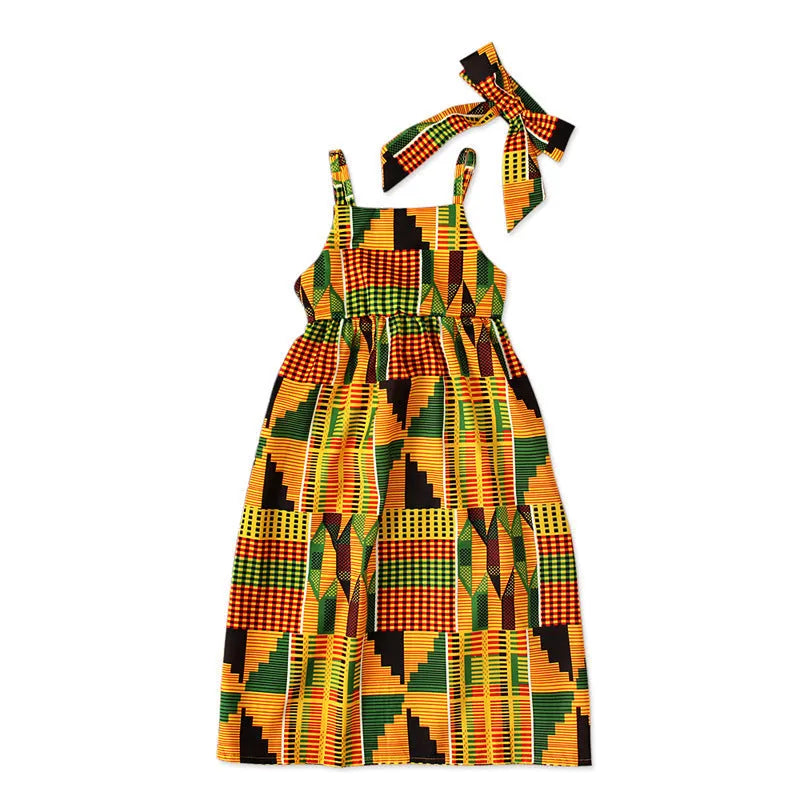 Girls' orange strapless strappy skirt dress in African bohemian style, sizes 90 to 130, cotton and polyester