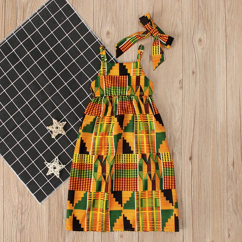 Girls' orange strapless strappy skirt dress in African bohemian style, sizes 90 to 130, cotton and polyester