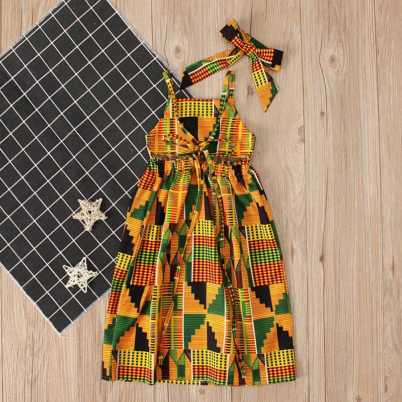 Girls' orange strapless strappy skirt dress in African bohemian style, sizes 90 to 130, cotton and polyester