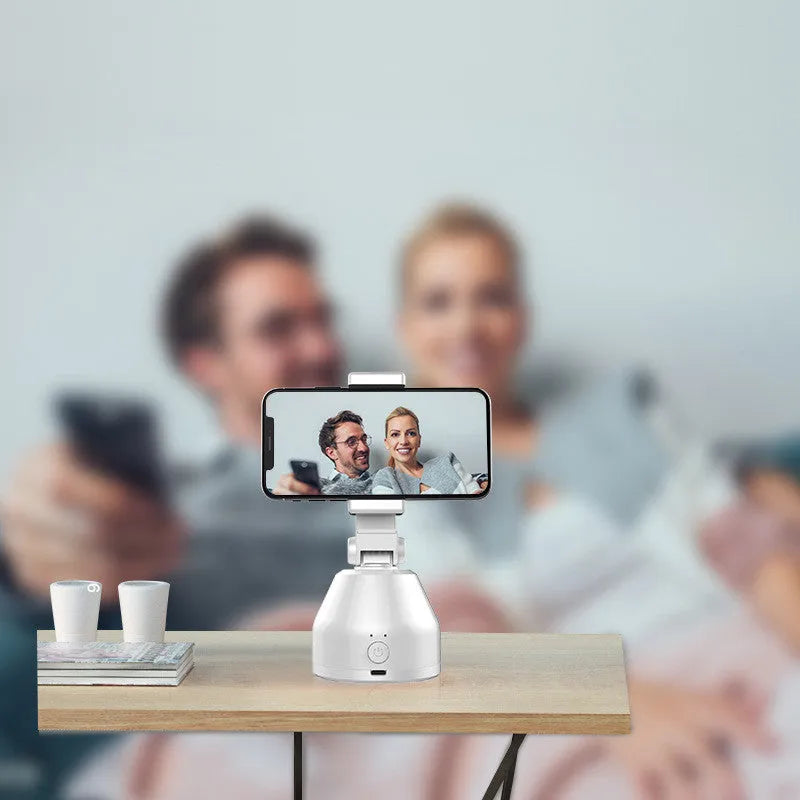 White 360-degree smartphone live broadcast bracket with face recognition tracking, ABS body, 237g, desktop use.