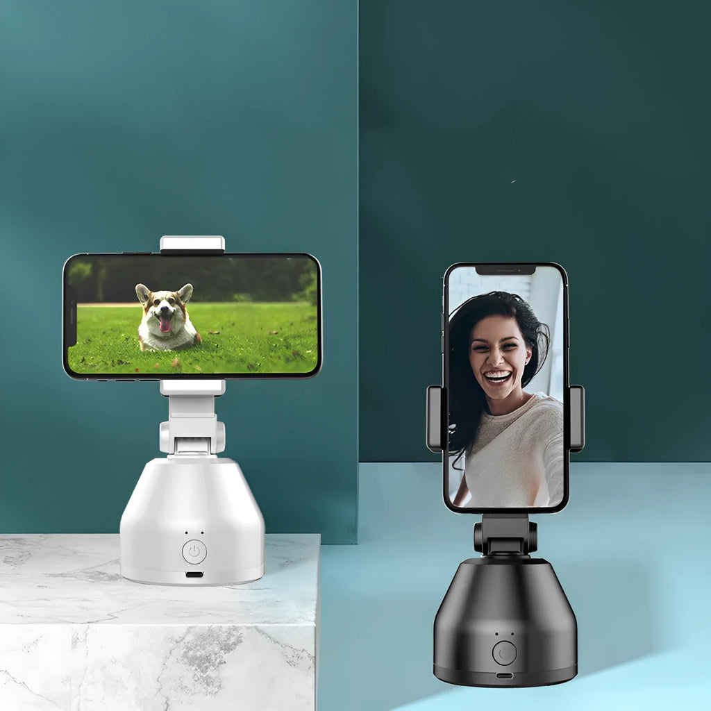 White 360-degree smartphone live broadcast bracket with face recognition tracking, ABS body, 237g, desktop use.