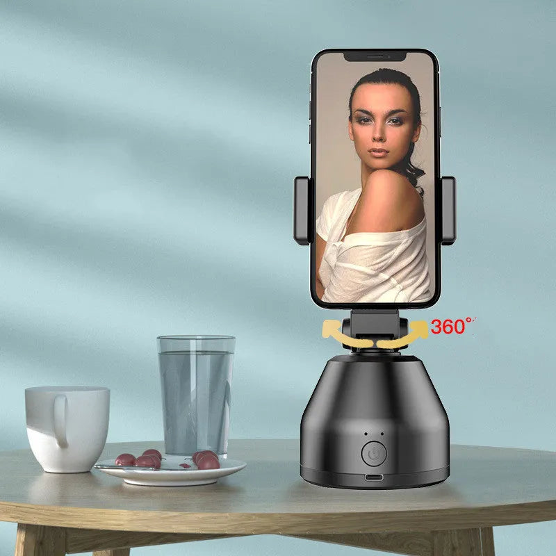 White 360-degree smartphone live broadcast bracket with face recognition tracking, ABS body, 237g, desktop use.
