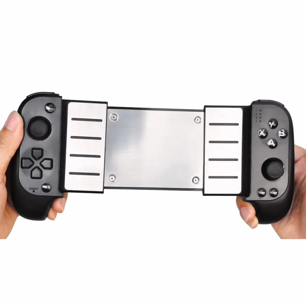 Cytec black wireless Bluetooth game controller with telescopic handle holding a mobile phone.