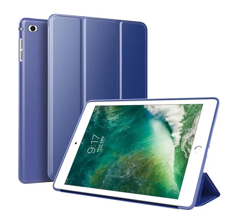 iPad Air 2 protective clamshell case in blue with integrated silicone stand deployed.