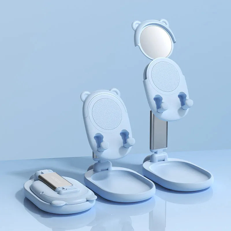Blue adjustable phone tablet holder with mirror for Apple devices on desk