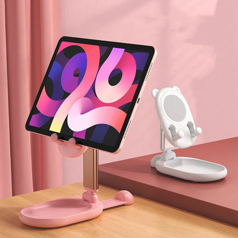 Blue adjustable phone tablet holder with mirror for Apple devices on desk