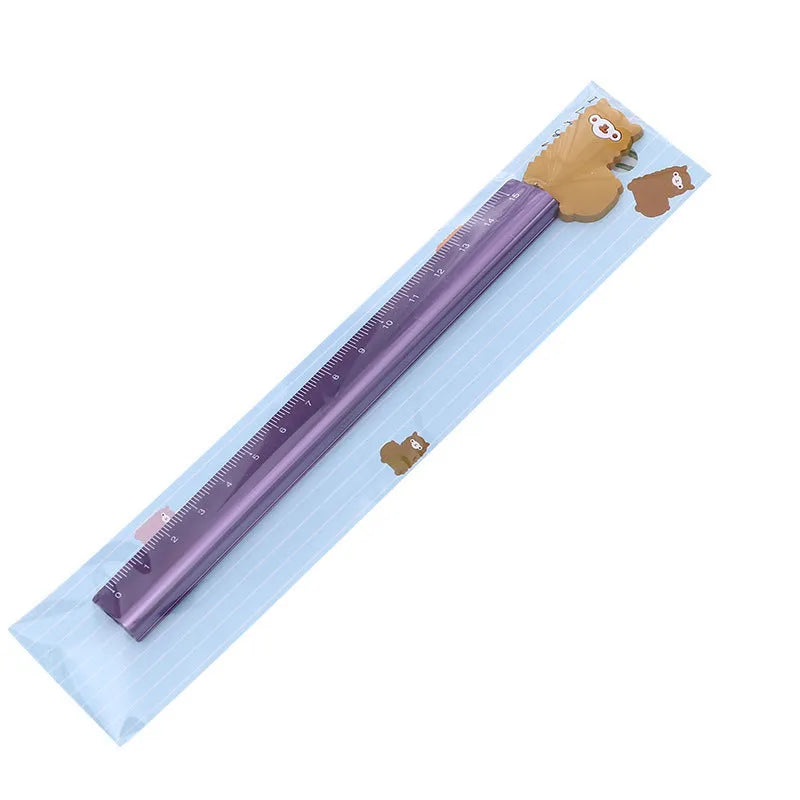 30 centimetre long silver aluminum ruler with black printed measurement scales.