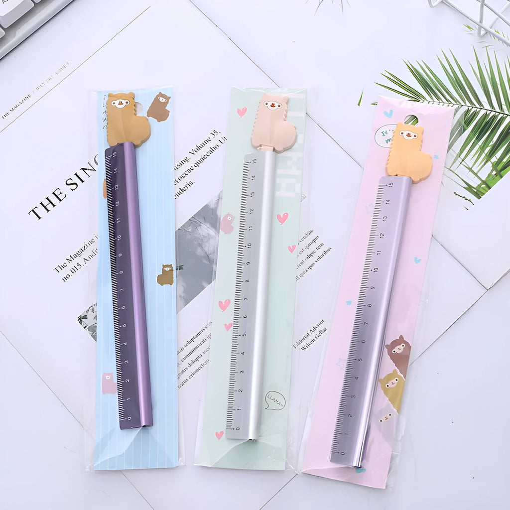 30 centimetre long silver aluminum ruler with black printed measurement scales.