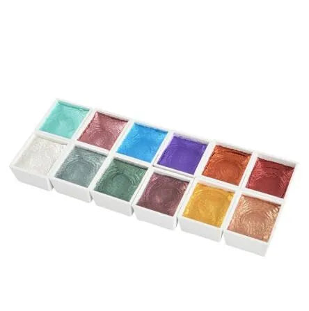 Set of solid watercolour paint pans with pearl and pearly colours, showing 12 or 24 colour options.