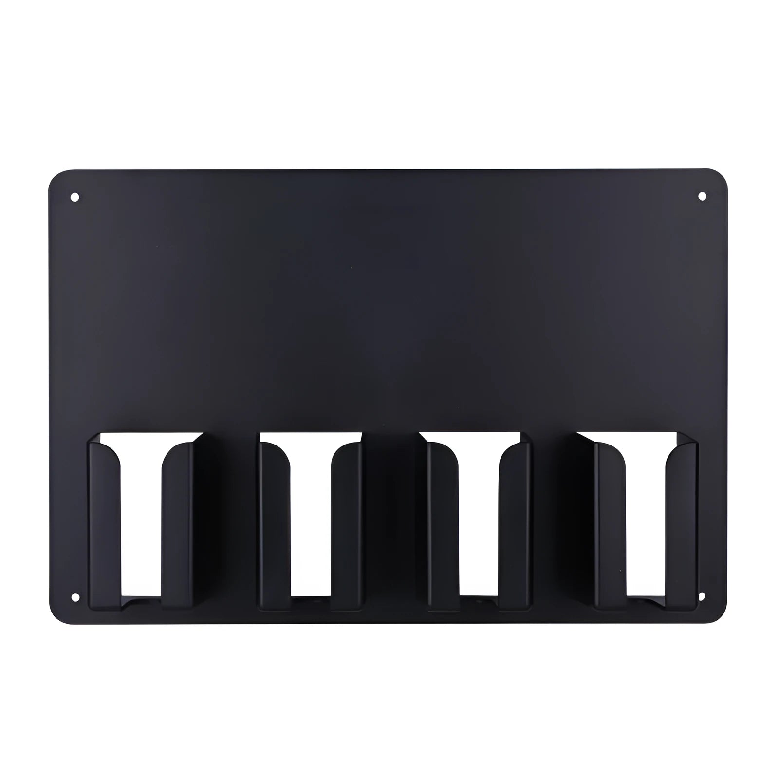 Black plastic wall-mounted rack holding four electric hair clippers.