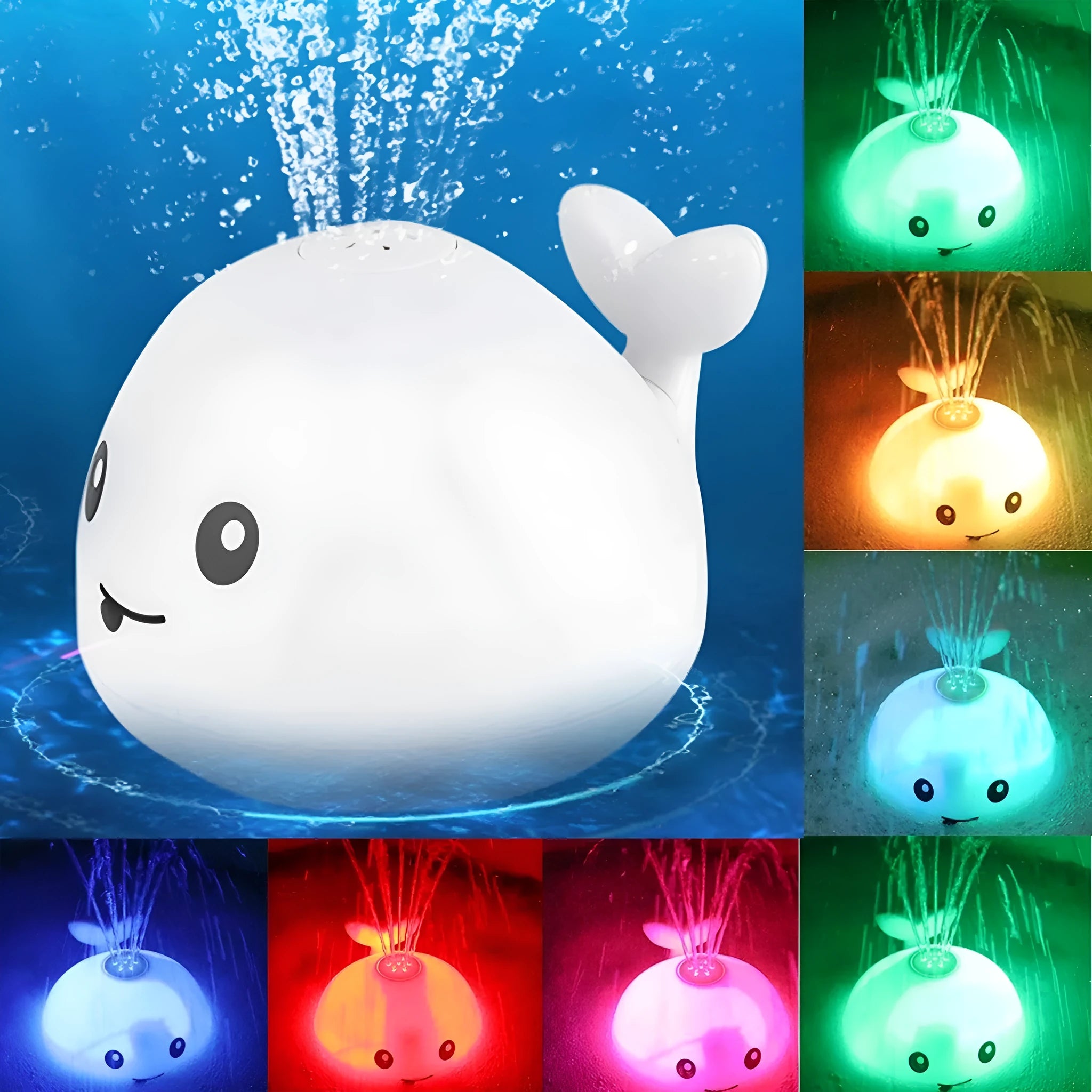 Grey and white whale bath toy with water spray, LED lights, floating in water