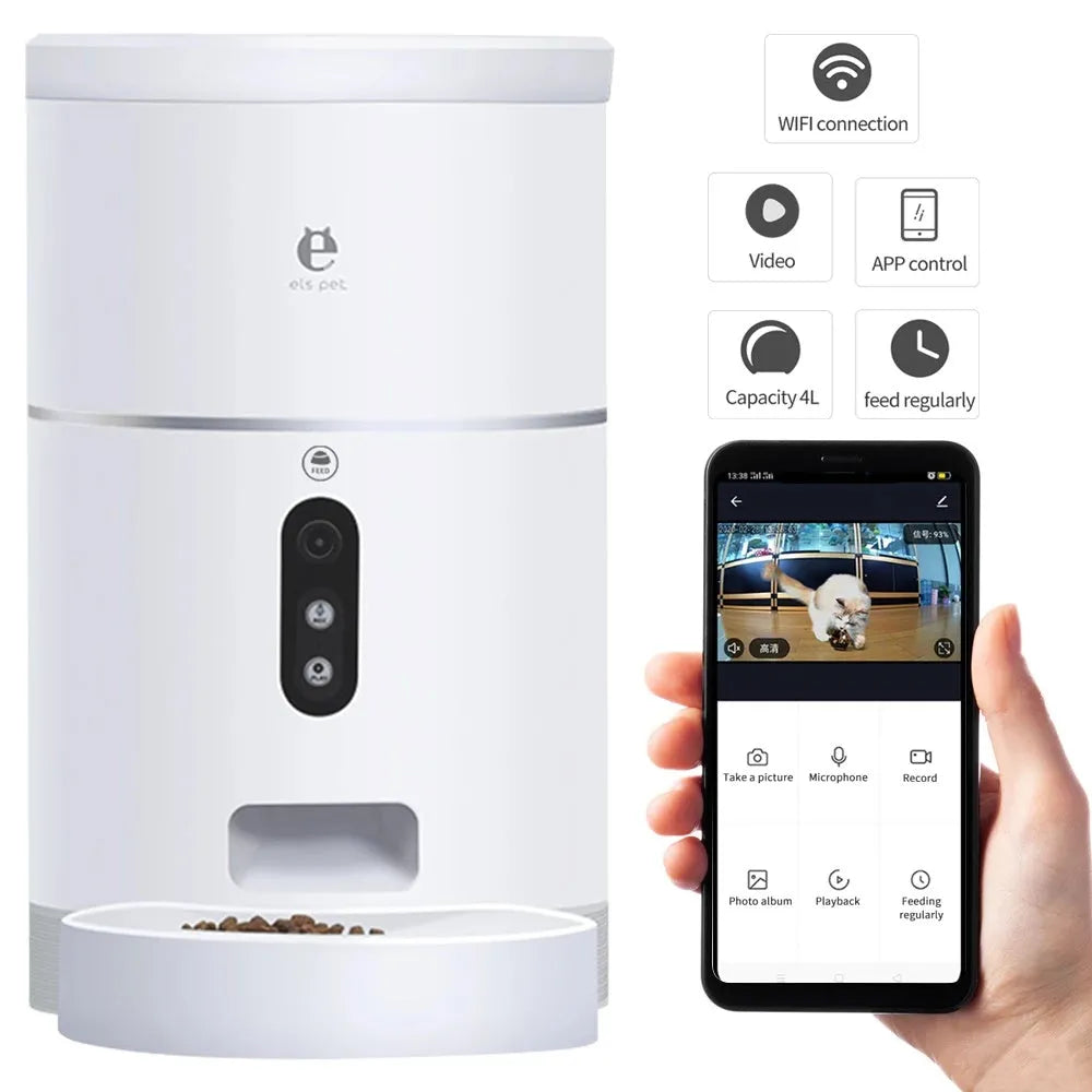 White ABS automatic pet feeder with 1080P camera, 4L capacity, and desiccant box for dry food