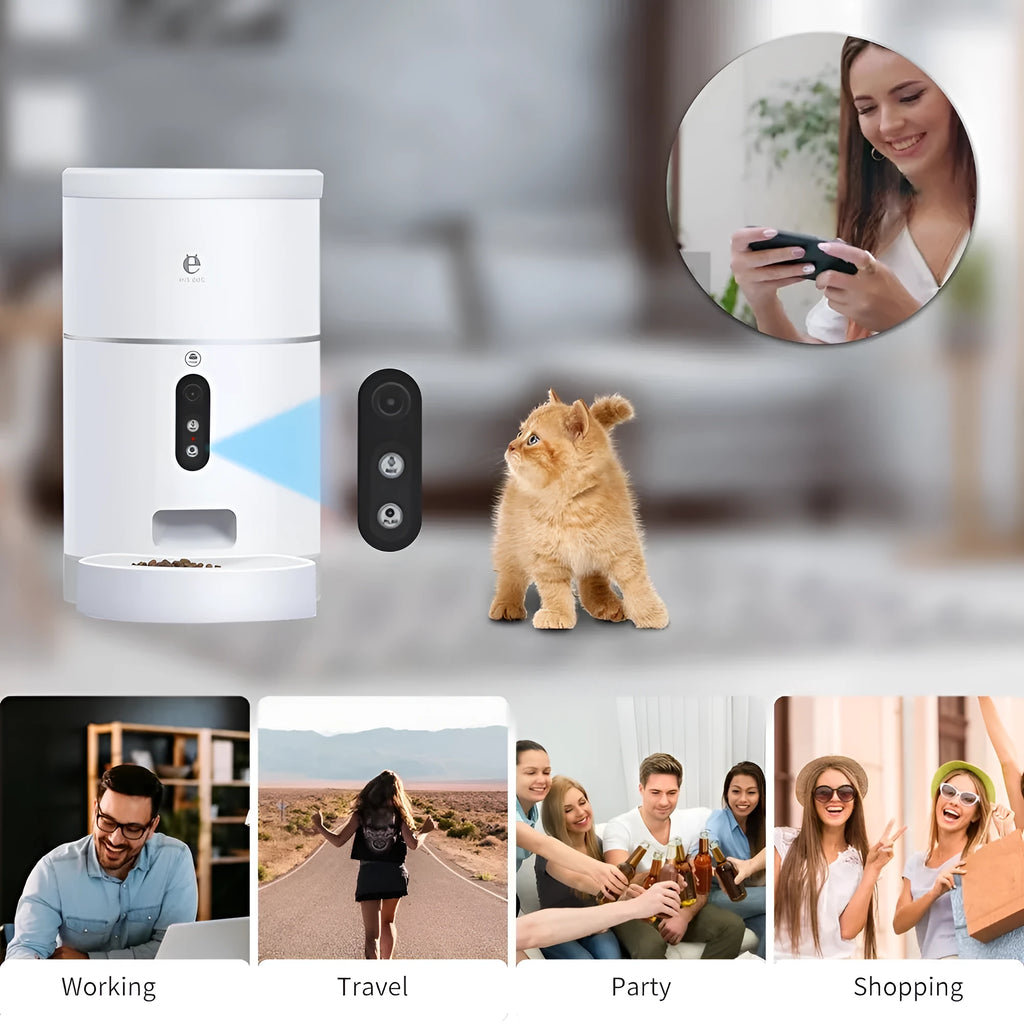 White ABS automatic pet feeder with 1080P camera, 4L capacity, and desiccant box for dry food