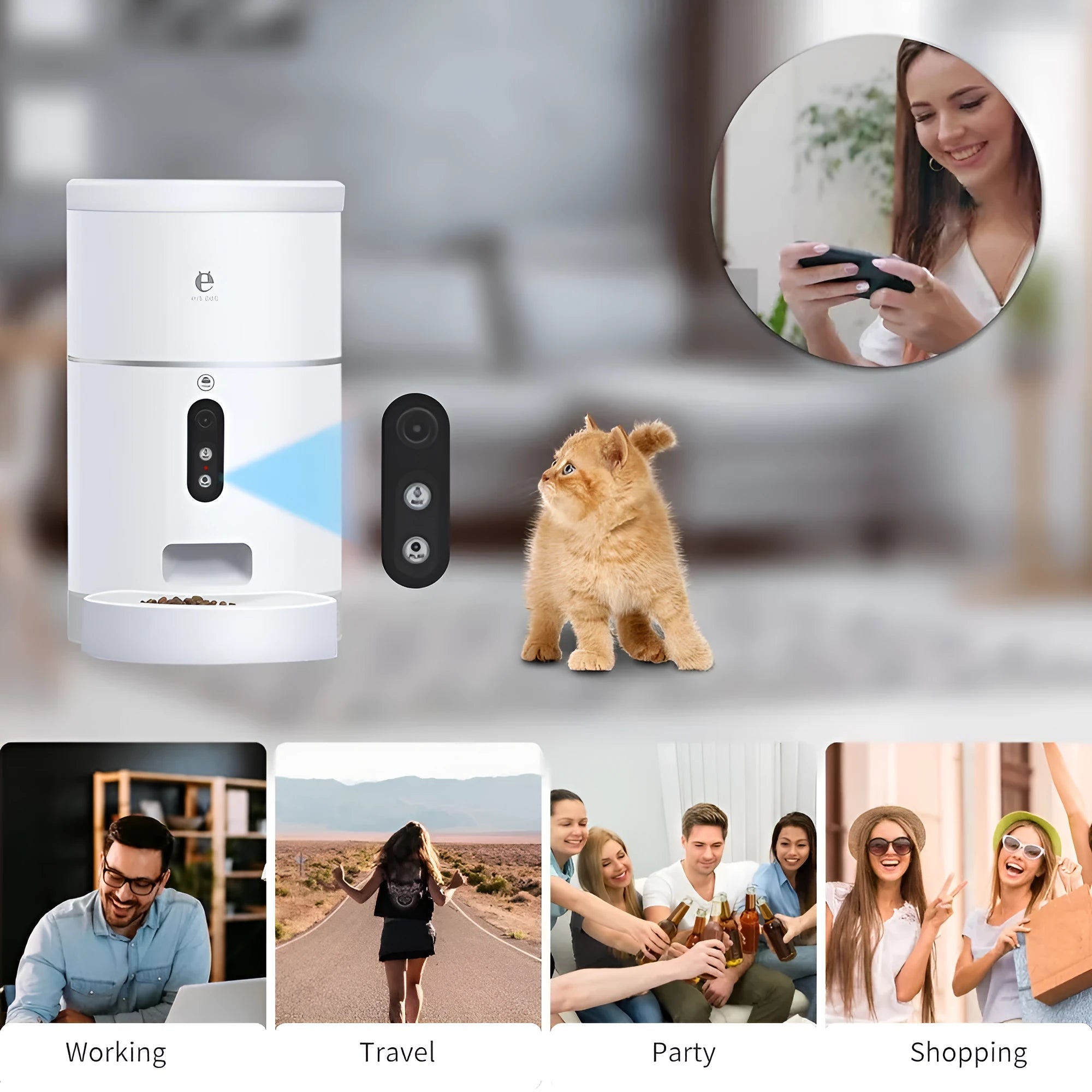 White ABS automatic pet feeder with 1080P camera, 4L capacity, and desiccant box for dry food