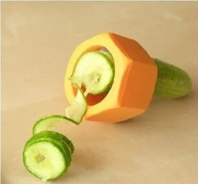 A yellow manual spiral knife vegetable cutter for slicing cucumbers, made from food-grade ABS plastic.