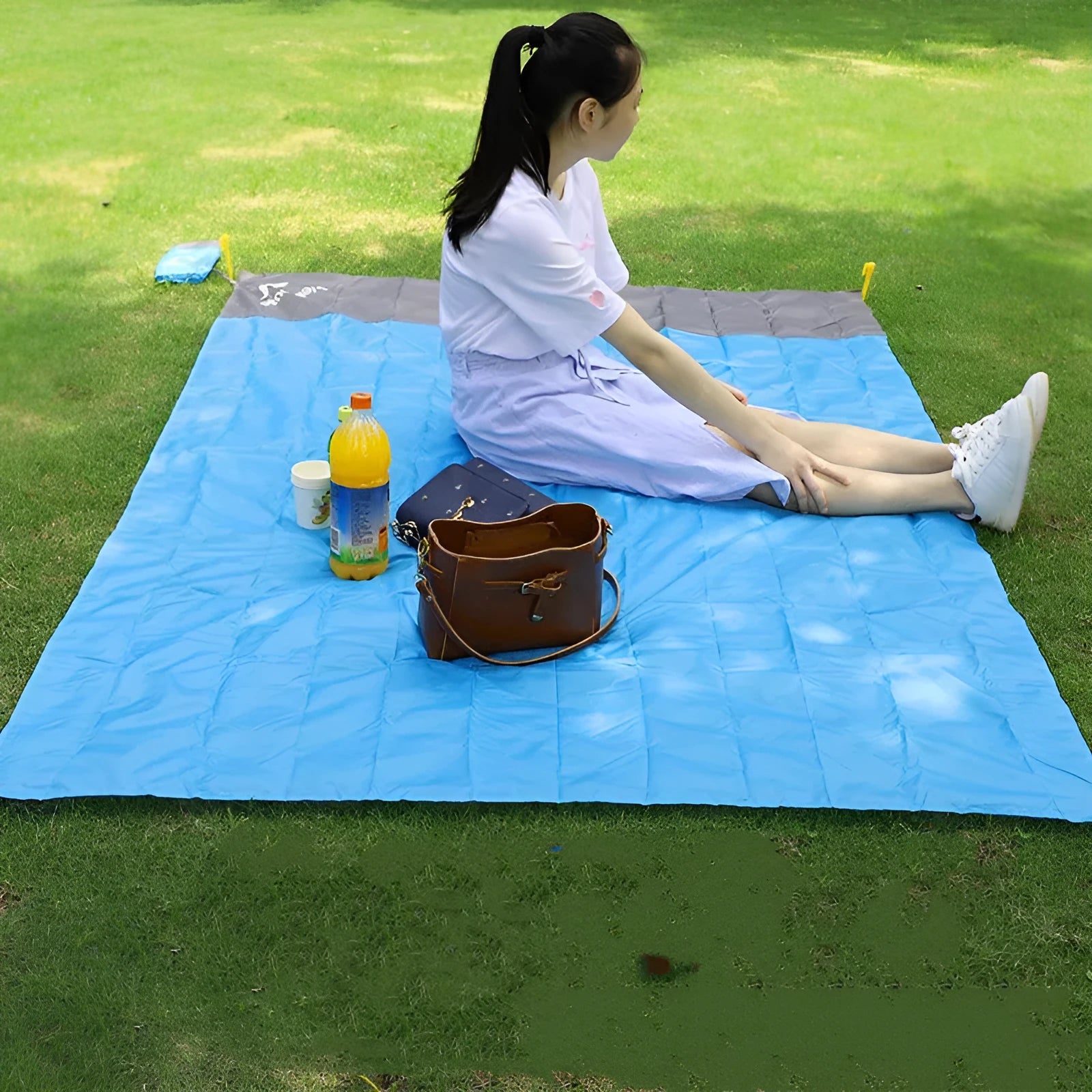 Camping Mat Waterproof Beach Blanket Outdoor Portable Picnic Ground Mat Mattress with Polyester TPU Coating Blue Grey 2m x 2.1m All-Season Use Double Size Includes Storage Sack and Pegs