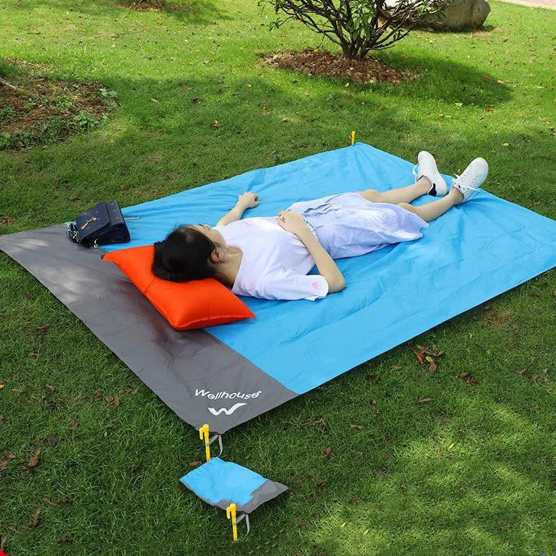 Camping Mat Waterproof Beach Blanket Outdoor Portable Picnic Ground Mat Mattress with Polyester TPU Coating Blue Grey 2m x 2.1m All-Season Use Double Size Includes Storage Sack and Pegs