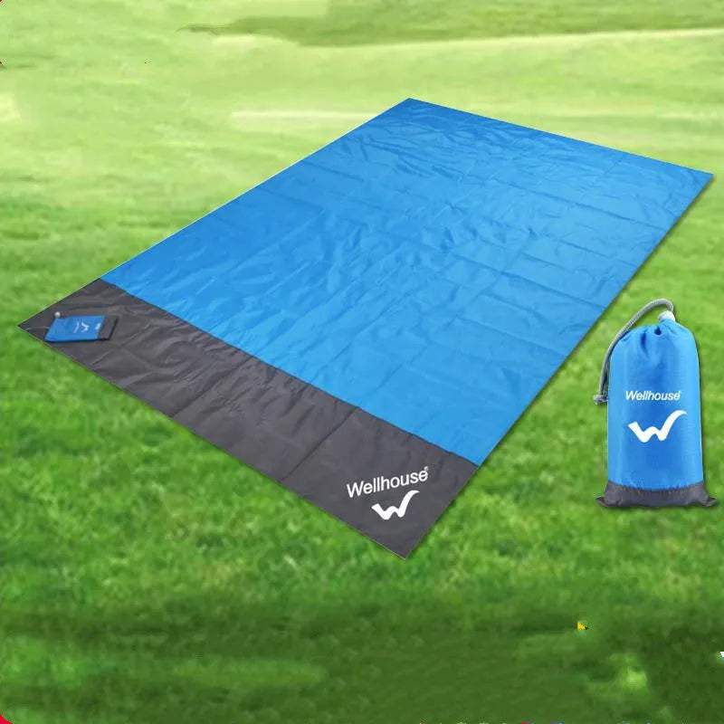 Camping Mat Waterproof Beach Blanket Outdoor Portable Picnic Ground Mat Mattress with Polyester TPU Coating Blue Grey 2m x 2.1m All-Season Use Double Size Includes Storage Sack and Pegs