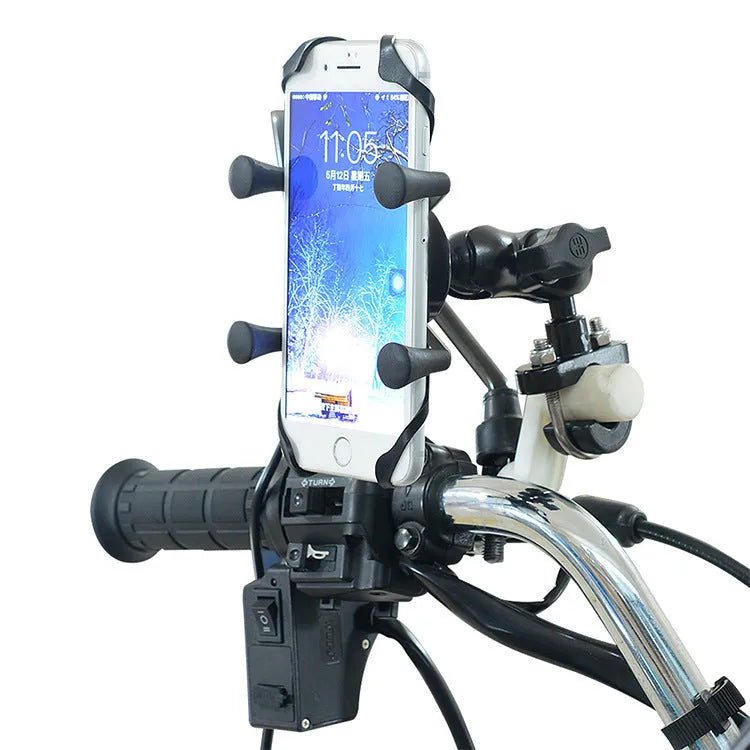 Black aluminium alloy motorcycle phone mounting bracket attached to a bike handlebar.