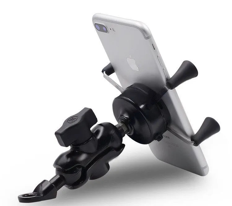 Black aluminium alloy motorcycle phone mounting bracket attached to a bike handlebar.