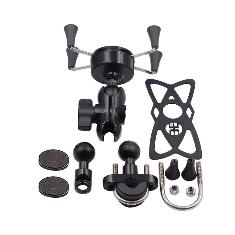 Black aluminium alloy motorcycle phone mounting bracket attached to a bike handlebar.