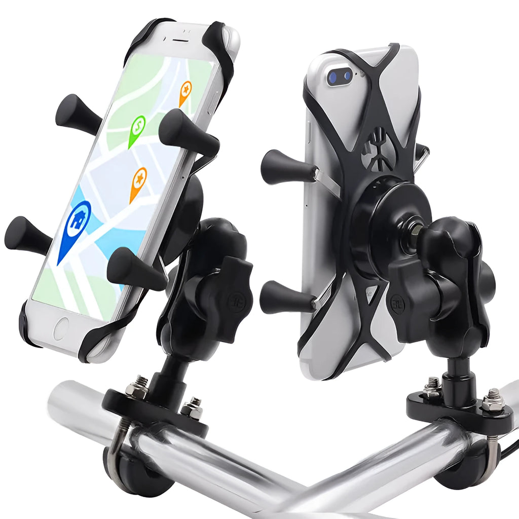 Black aluminium alloy motorcycle phone mounting bracket attached to a bike handlebar.