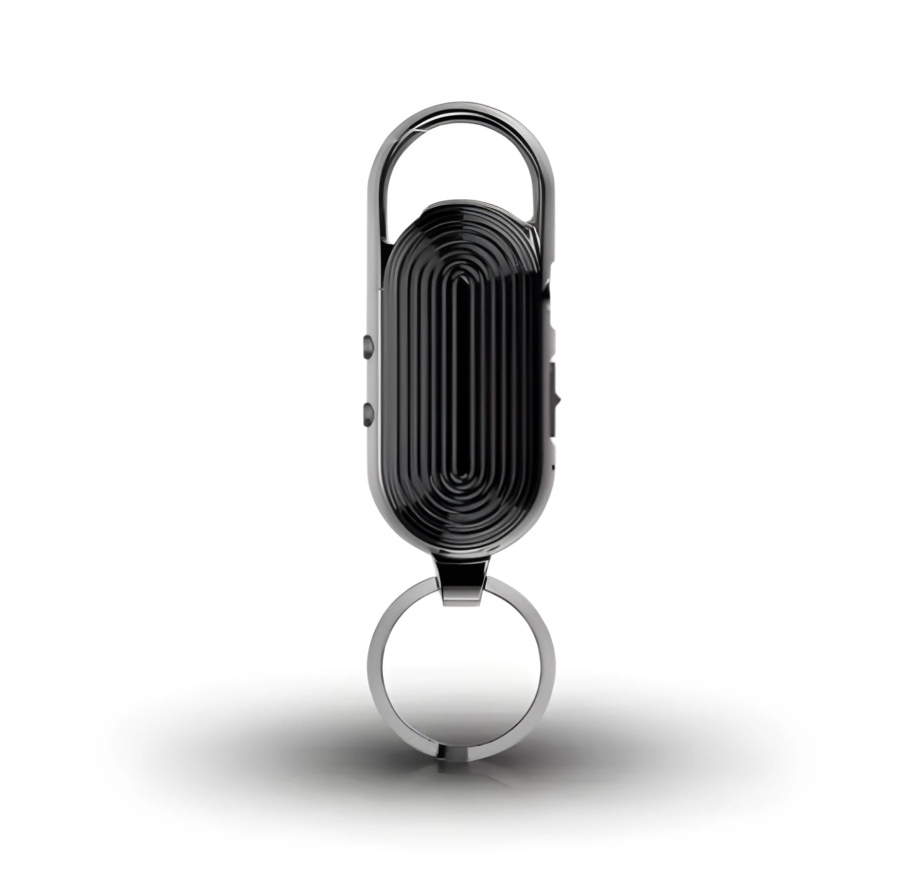 Black portable voice recorder with zinc alloy shell, showing USB port and recording button.