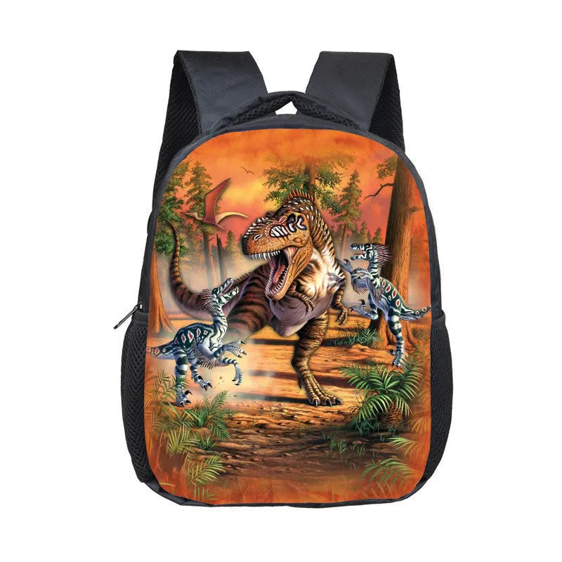 12 inch cartoon dinosaur kindergarten backpack with polyester lining, double straps and zipper opening