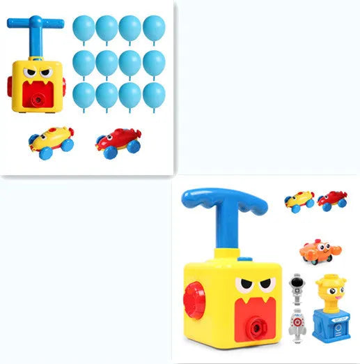 Children's air balloon powered car toy with ABS plastic construction, 2 cars, and 12 balloons on a white background