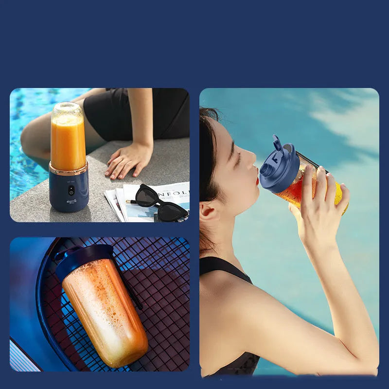 Tunisian dark blue portable USB juicer blender with six blades and 400ml cup.