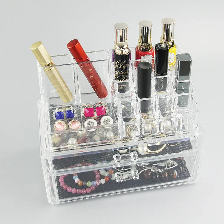 Clear acrylic foldable makeup storage organiser box with lid, medium size.