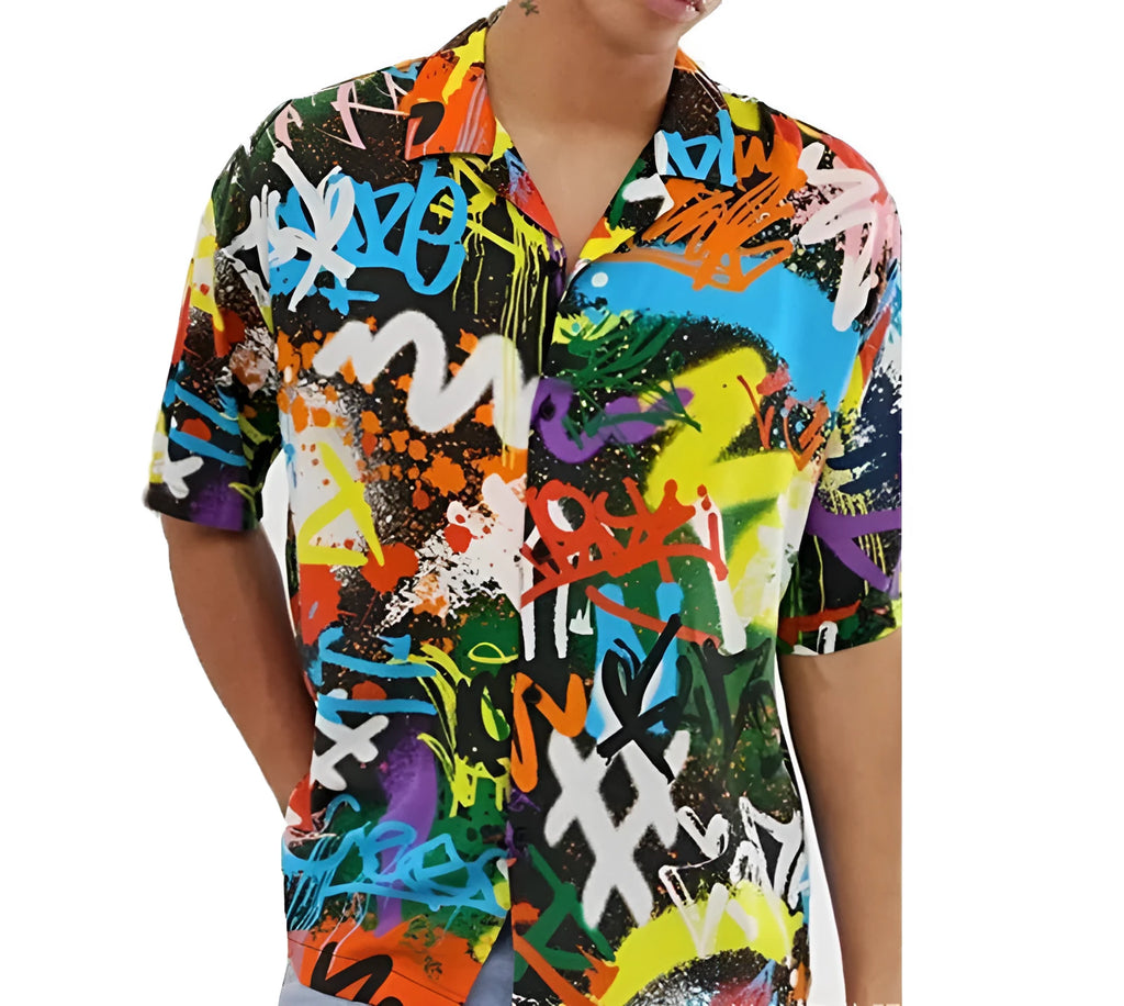 Men's short sleeve printed summer shirt in chemical fibre blend with 95% polyester, black or white, sizes S to 3XL