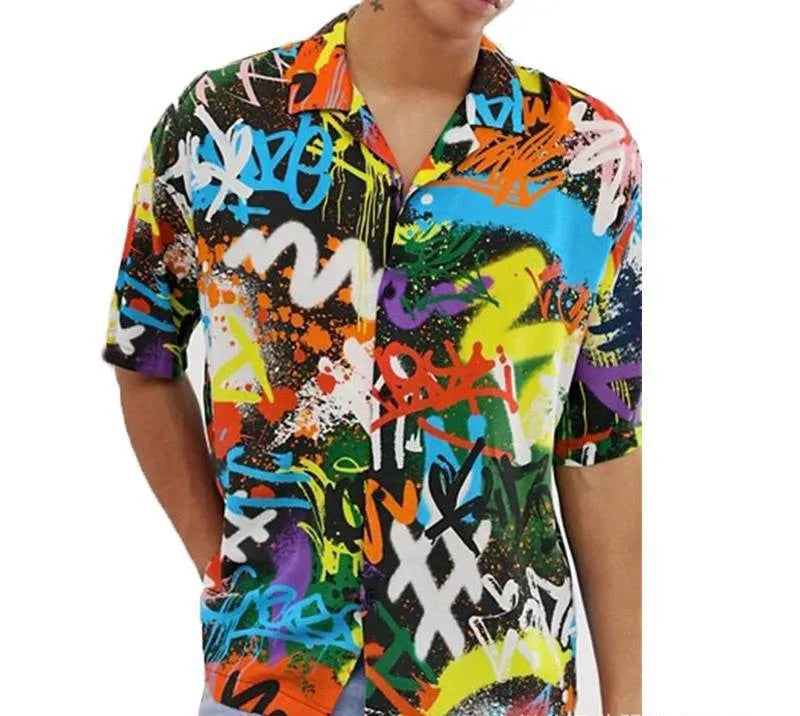 Men's short sleeve printed summer shirt in chemical fibre blend with 95% polyester, black or white, sizes S to 3XL