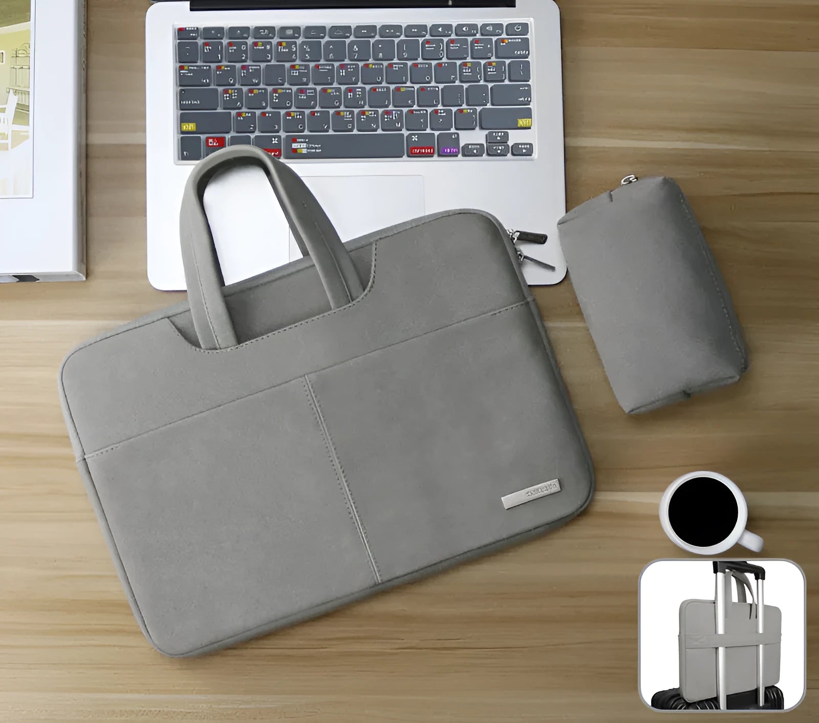 Blue PU leather laptop sleeve case with zipper open, showing internal shock-resistant liner and organisation pockets.
