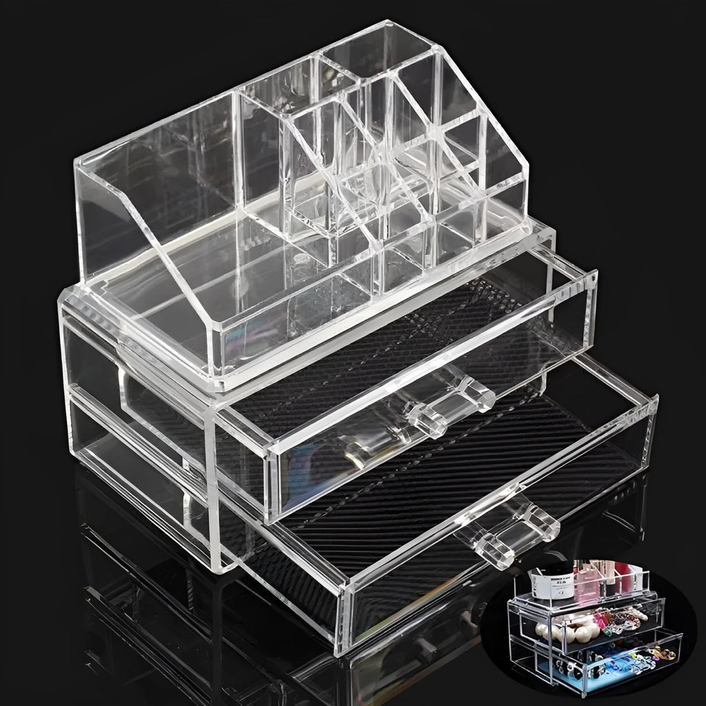 Clear acrylic foldable makeup storage organiser box with lid, medium size.