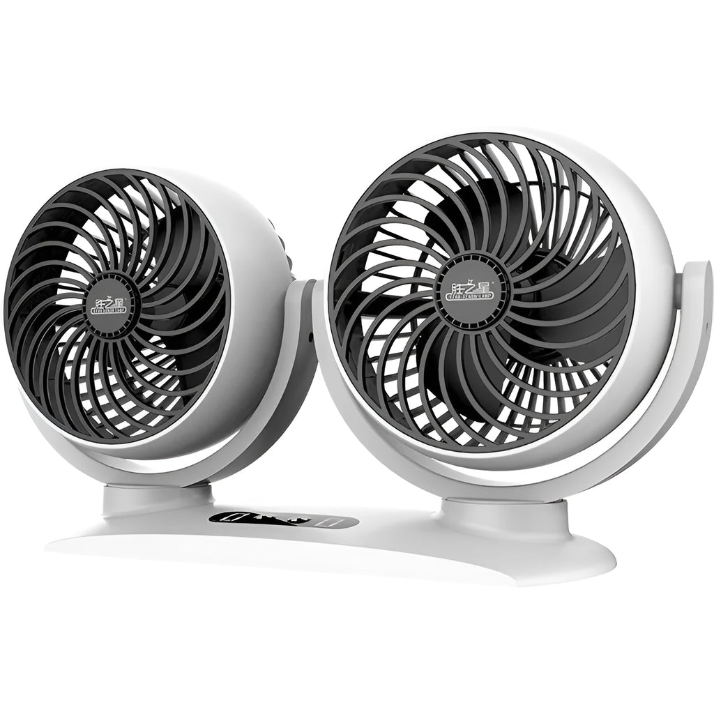 Dual-head car USB fan 12V 24V 25W with ABS plastic housing and cigarette lighter or USB option