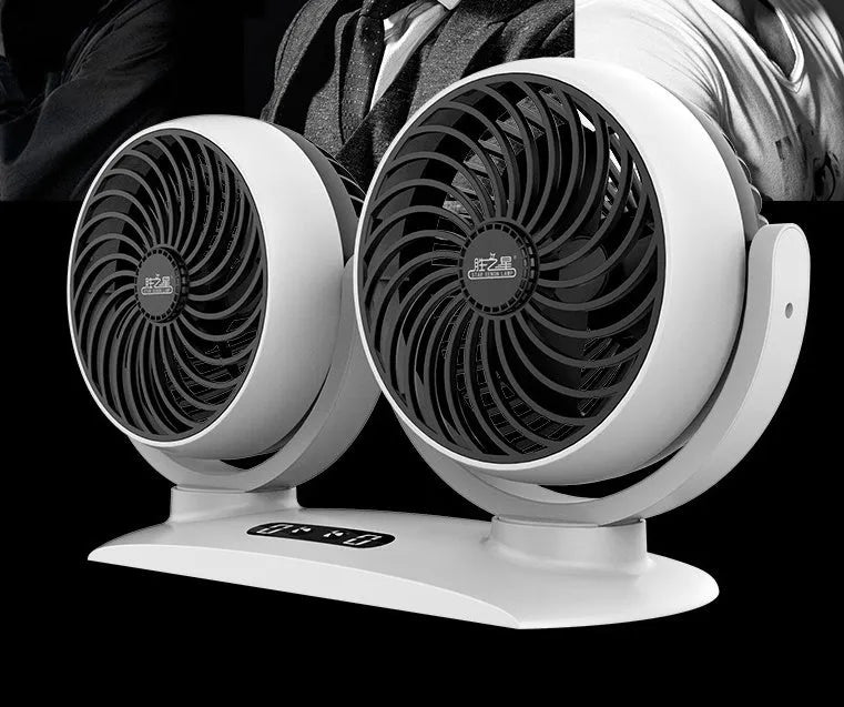 Dual-head car USB fan 12V 24V 25W with ABS plastic housing and cigarette lighter or USB option
