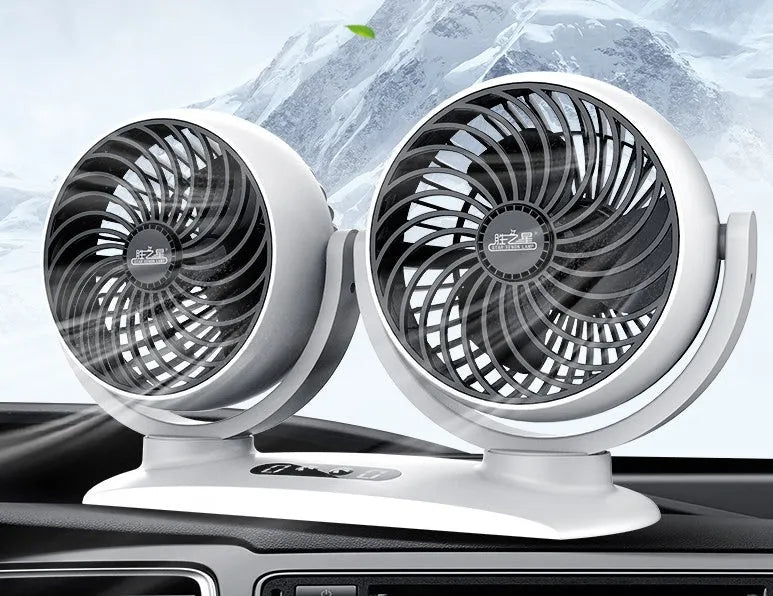 Dual-head car USB fan 12V 24V 25W with ABS plastic housing and cigarette lighter or USB option
